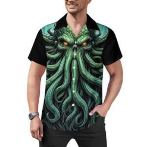 Chtulu Men's Short Sleeve Hawaiian Print Shirt with Cuban Collar